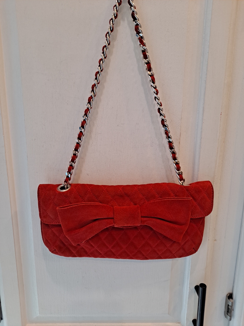 Tanner Quilted Red Italian Suede Leather Bow Shoulder Bag Vintage 80s